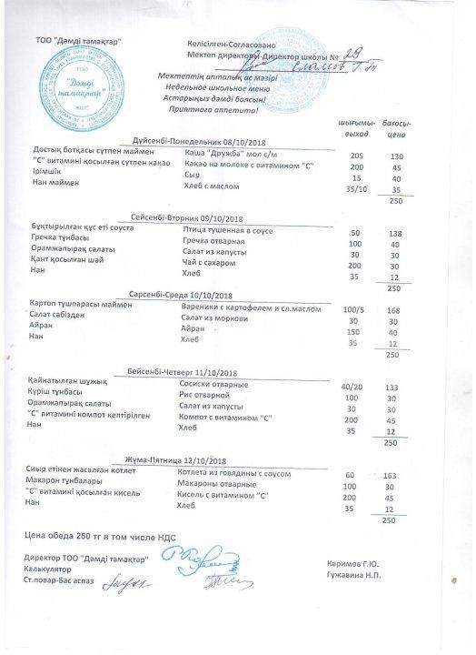8-12 қазан айында асхананың ас мәзірі