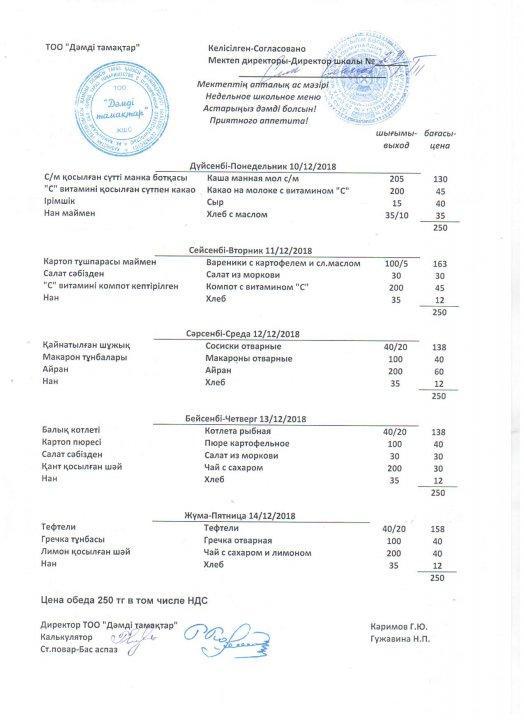 10-14 желтоқсан айында асхананың ас мәзірі