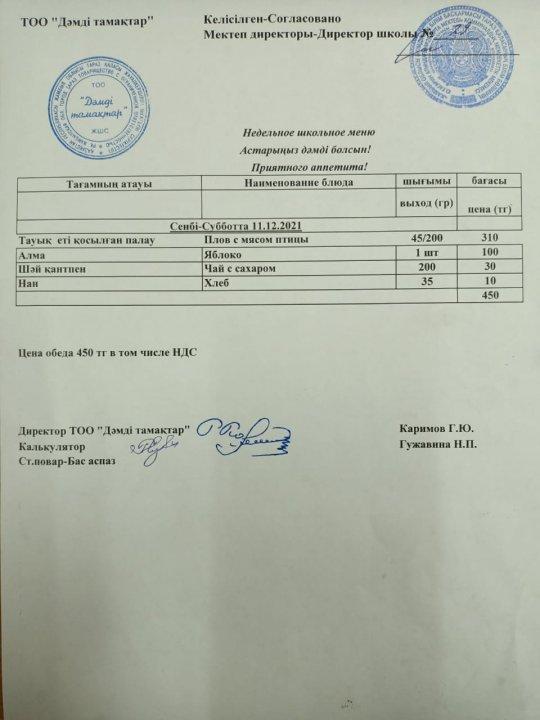 11.12.2021 ас мәзірі, меню