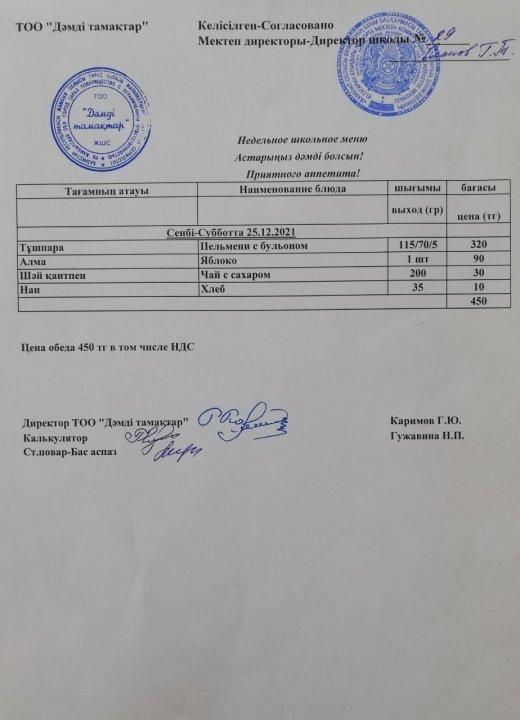 25.12.2021ж. Ас мәзірі, Меню