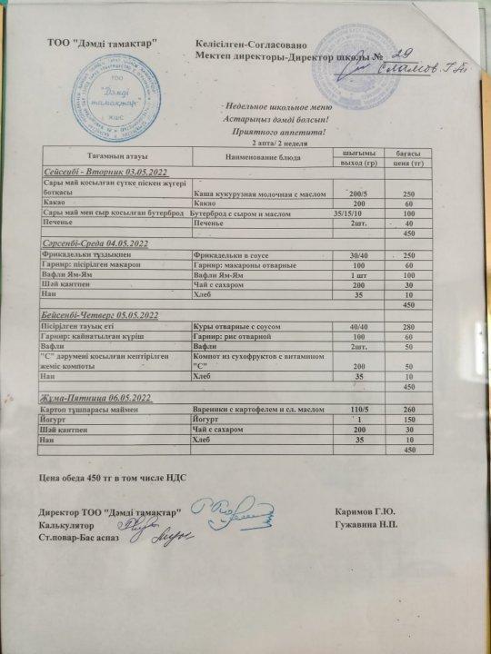 03.05.2022-6.05.2022ж. Мектептің апталық ас мәзірі, меню