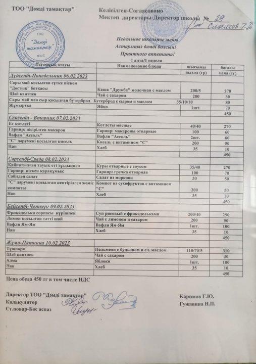 06.02.-10.02.2023ж. ас мәзірі, меню
