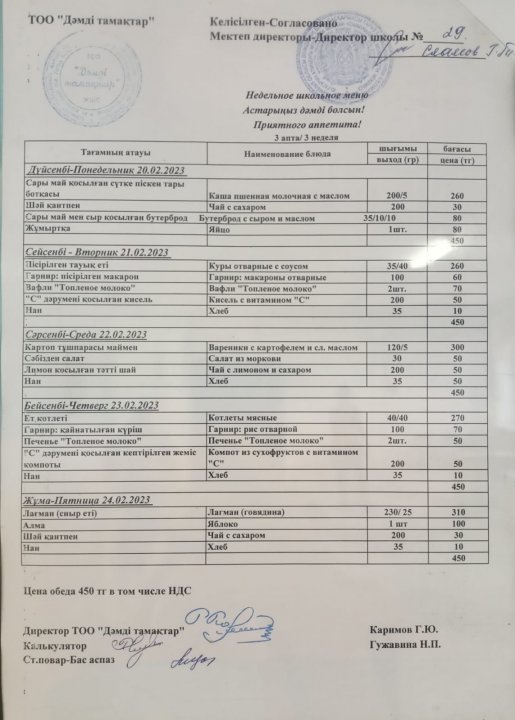 20.02-24.02.2023 Ас мәзірі, меню