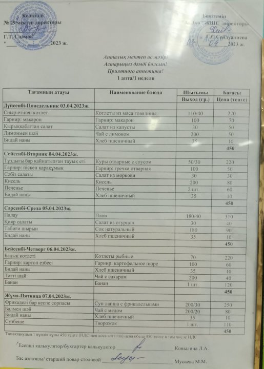 03.04-07.04.2023ж. Ас мәзірі, меню