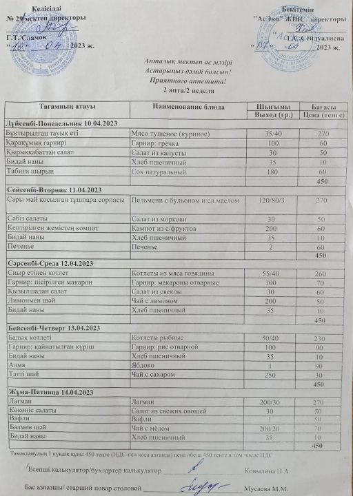 10.04-14.04.2023ж. Ас мәзірі, меню