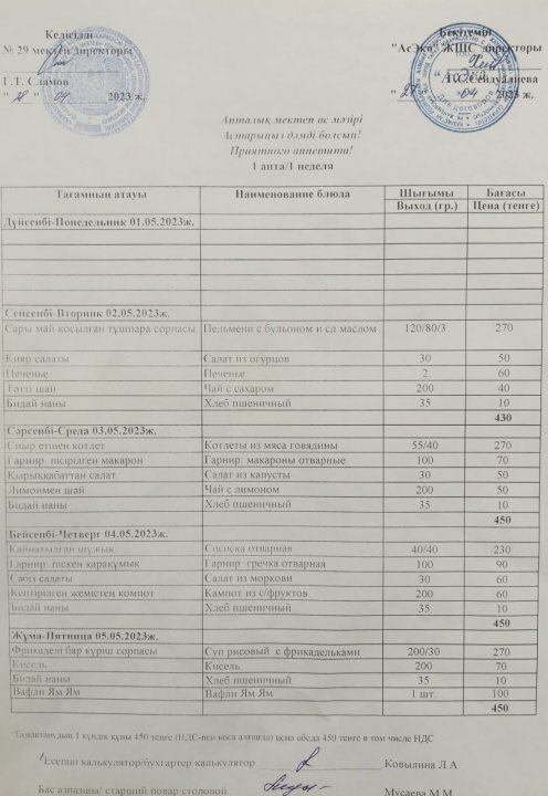 02.05-05.05.2023ж. Ас мәзірі, меню