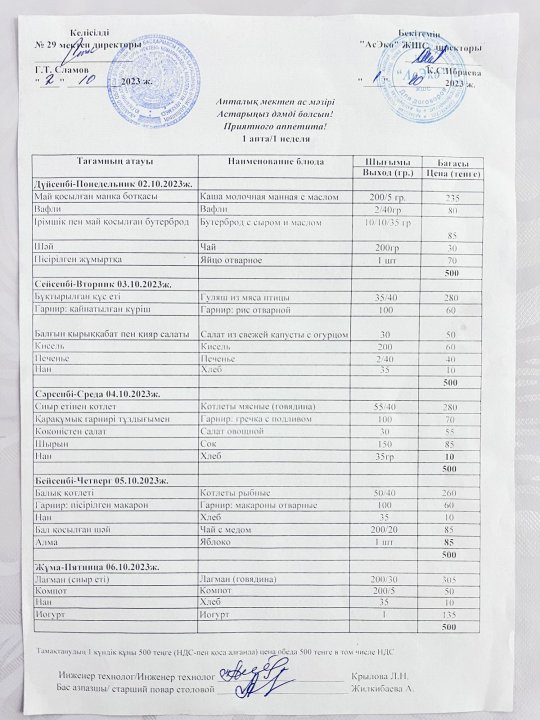 02.10-06.10.2023ж. Апталық ас мәзірі