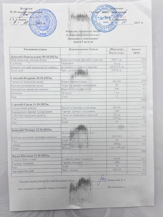 Апталық ас мәзірі. Меню. 09.10-13.10.2023ж.