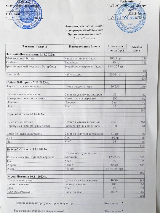 Апталық ас мәзірі