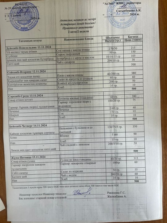 11.11-15.11.2024ж БІР АПТАЛЫҚ АС МӘЗІРІ.МЕНЮ