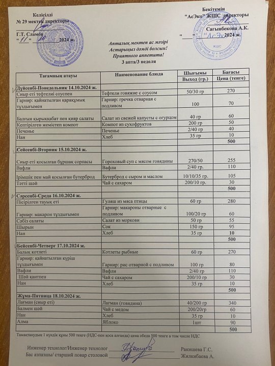 14.11-18.11.2024ж БІР АПТАЛЫҚ АС МӘЗІРІ.МЕНЮ