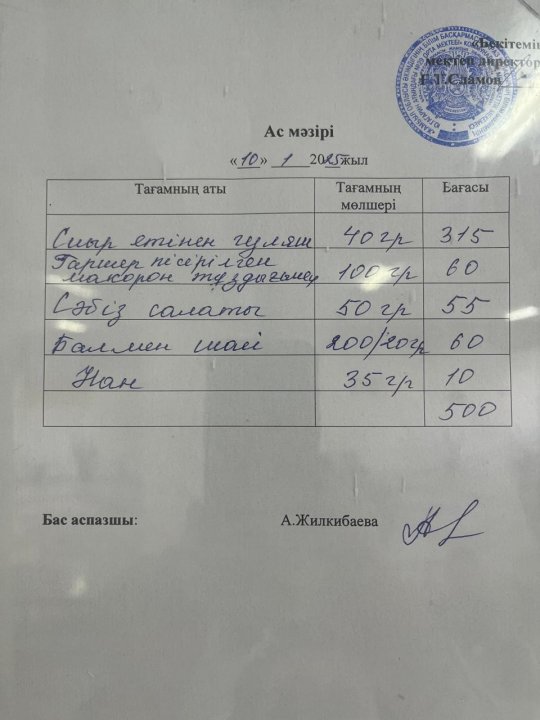 10.01.2025ж БІР КҮНДІК АС МӘЗІРІ.МЕНЮ