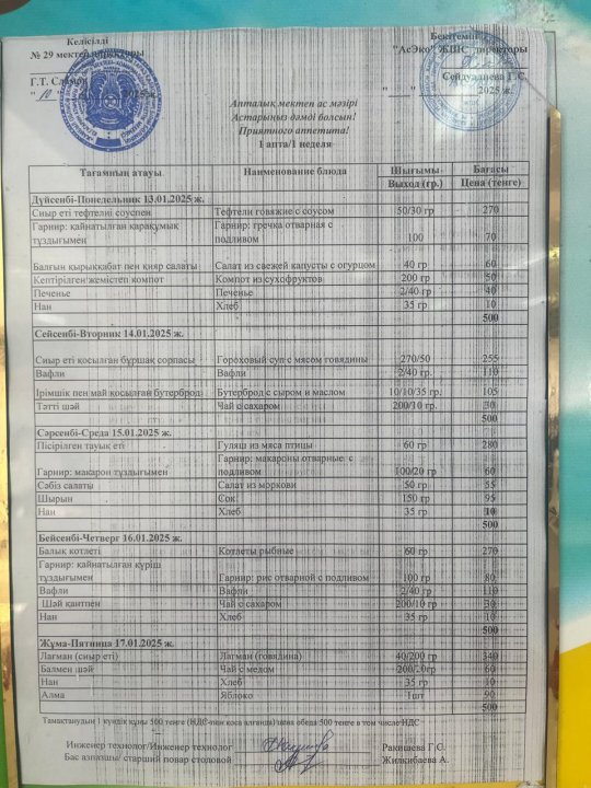 13.01.-17.01.2025ж БІР АПТАЛЫҚ АС МӘЗІРІ.МЕНЮ