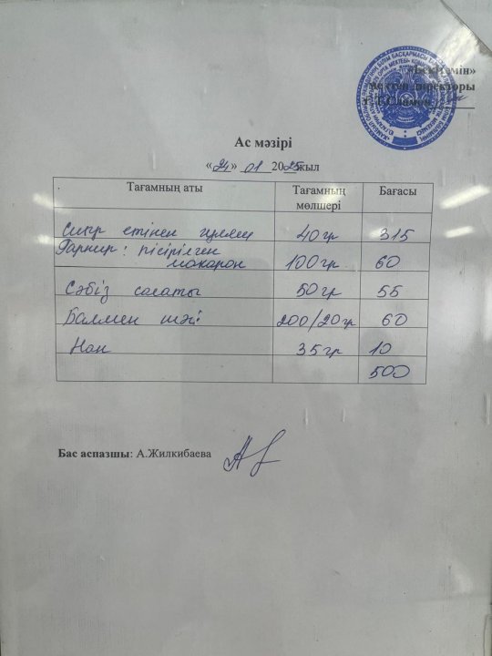 24.01.2025ж БІР КҮНДІК АС МӘЗІРІ.МЕНЮ
