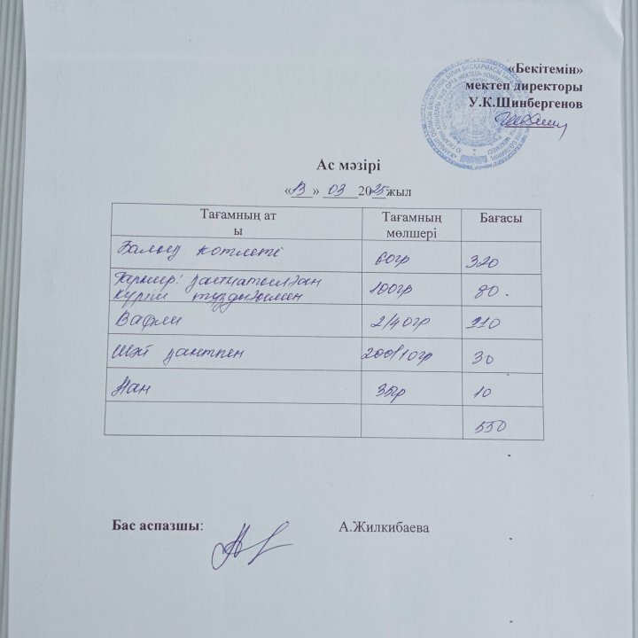 КҮНДЕЛІКТІ АС МӘЗІРІ / МЕНЮ