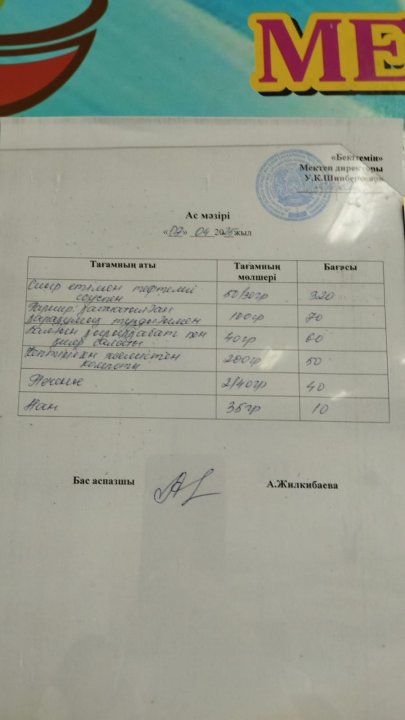 БІР КҮНДІК АС МӘЗІРІ/МЕНЮ