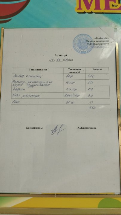 БІР КҮНДІК АС МӘЗІРІ МЕНЮ