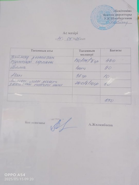 БІР КҮНДІК АС МӘЗІРІ / МЕНЮ