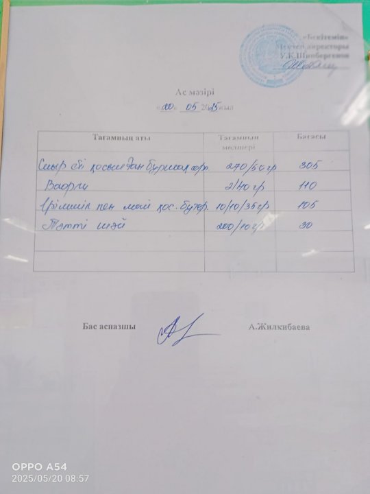 БІР КҮНДІК АС МӘЗІРІ/МЕНЮ