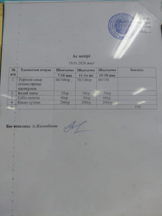 19.01.2026 Ж БІР КҮНДІК АС МӘЗІРІ / МЕНЮ