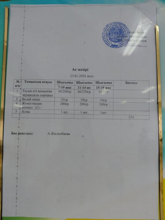 23.01.2026 ж  БІР КҮНДІК АС МӘЗІРІ / МЕНЮ