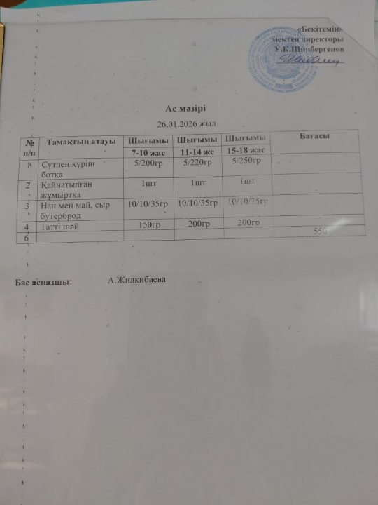 26.01.2026. Ж БІР КҮНДІК АС МӘЗІРІ / МЕНЮ