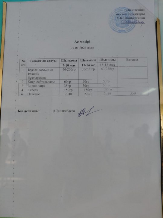 27.01.2026 ж БІР КҮНДІК АС МӘЗІРІ / МЕНЮ