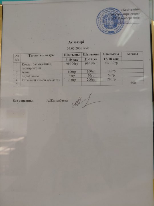 05.02.2026 ж БІР КҮНДІК АС МӘЗІРІ / МЕНЮ