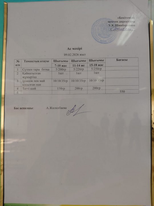 09.02.2026 Ж БІР КҮНДІК АС МӘЗІРІ / МЕНЮ