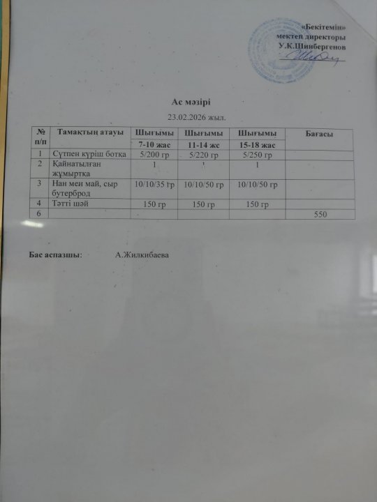 23.02.2026 ж БІР КҮНДІК АС МӘЗІРІ / МЕНЮ