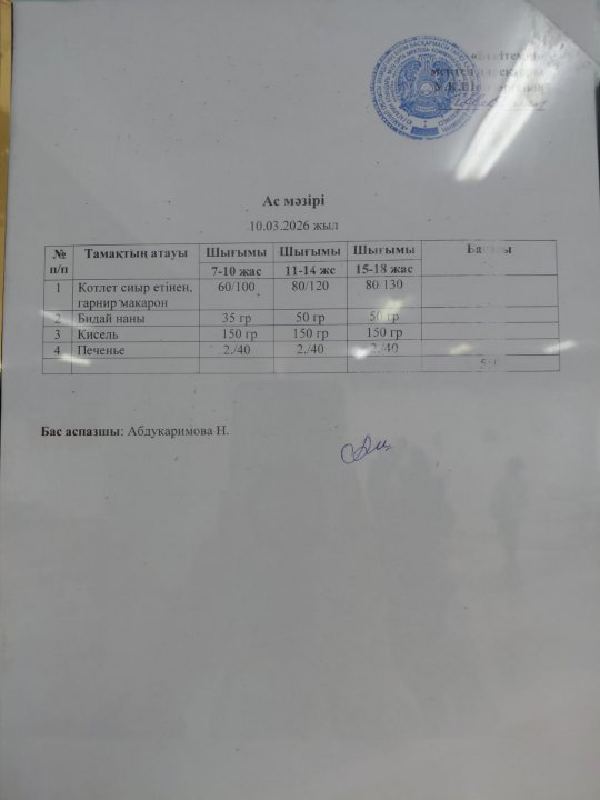 10.03.2026 Ж БІР КҮНДІК АС МӘЗІРІ / МЕНЮ